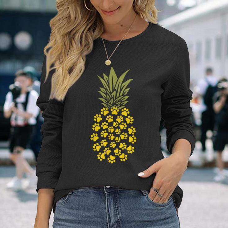 パイナップル猫の肉球プリント 長袖Tシャツ 彼女への贈り物