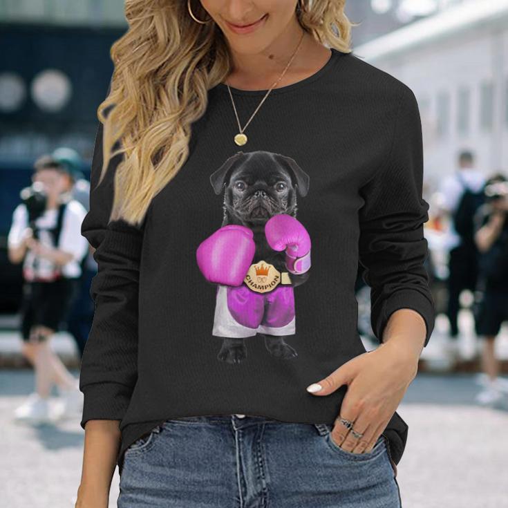 パグ犬ボクシング面白いフィットネスジムワークアウト 長袖Tシャツ 彼女への贈り物