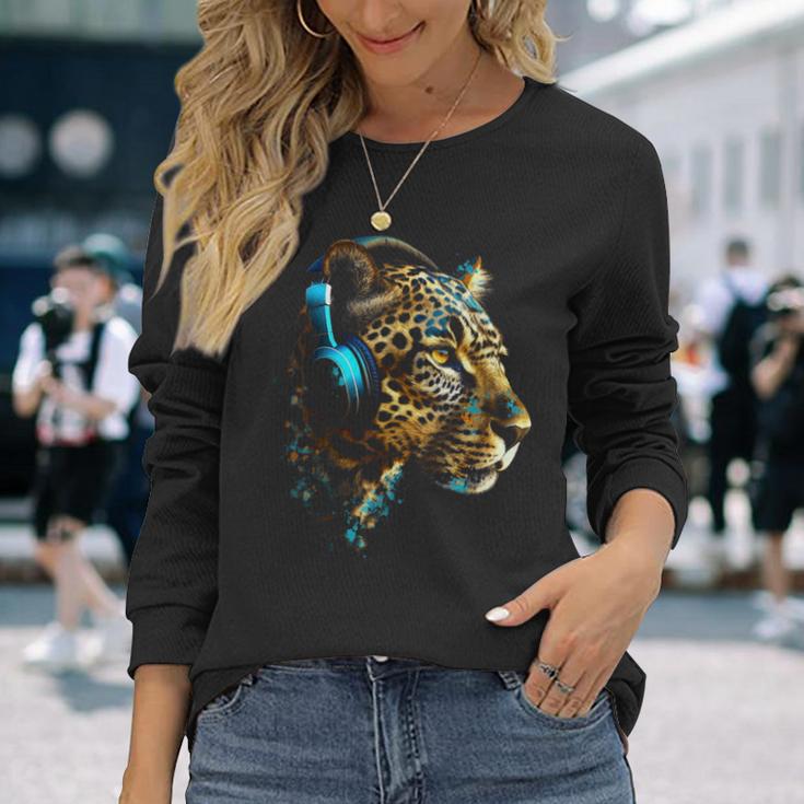 ヒョウ音楽 – 動物愛好家アートヘッドフォン アニマルレオパード 長袖Tシャツ 彼女への贈り物