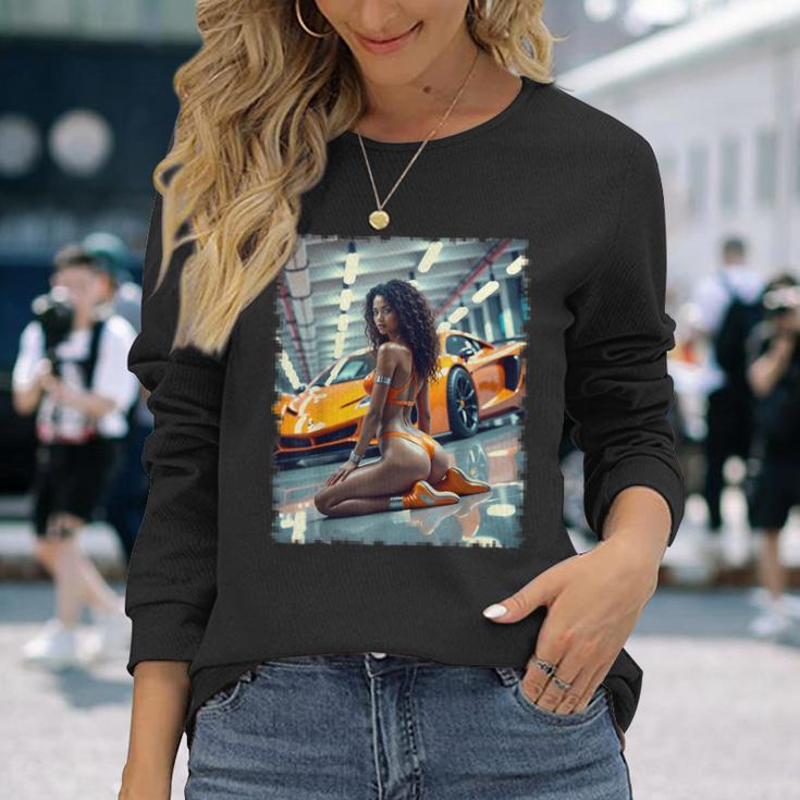 ピンナップガールtシャツ 男性用 ブラックピンナップガール&エキゾチックカー 長袖Tシャツ 彼女への贈り物