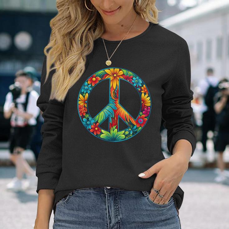 ピースマーク レトロフラワーデザイン ピースサイン 長袖Tシャツ 彼女への贈り物