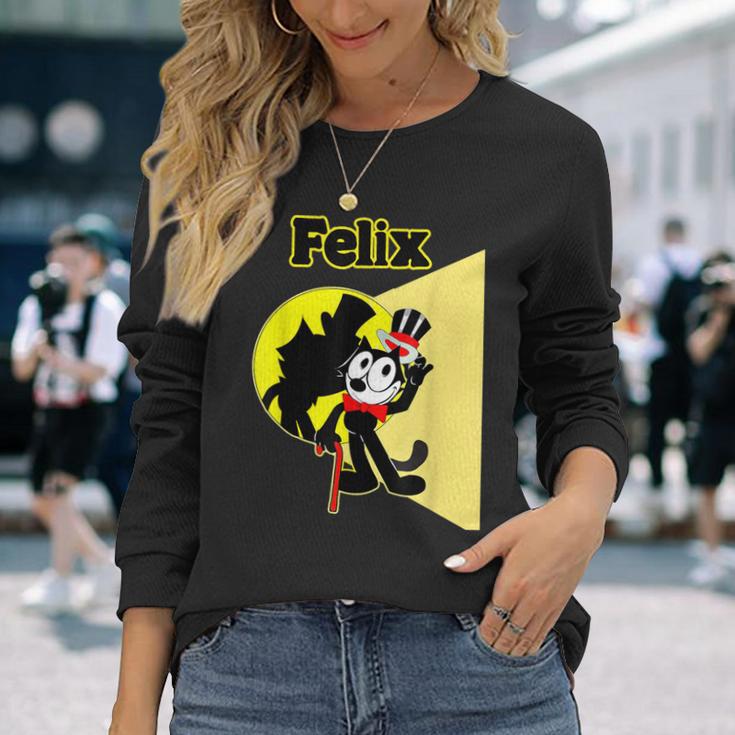 フェリックスブラックキャット漫画シルクハット＆ブロードウェイステージ＆スポットライト 長袖Tシャツ 彼女への贈り物