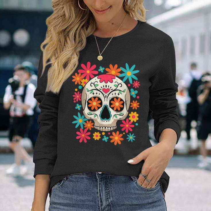 フローラルシュガースカル 死者の日 ヒッピー 長袖Tシャツ 彼女への贈り物