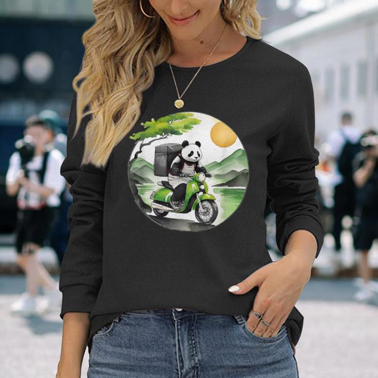 フードデリバリー パンダ おもしろ デリバリースタッフ 配達員 出前 和風 動物 長袖Tシャツ 彼女への贈り物