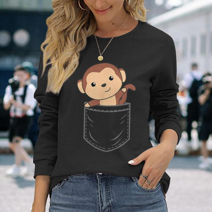 ポケットに入った猿 胸ポケットにかわいい猿 かわいい猿 長袖Tシャツ 彼女への贈り物