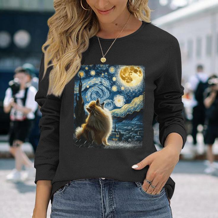 ポメラニアン 犬 イヌアート ゴッホ 星月夜 ポメラニアン 長袖tシャツ 長袖Tシャツ 彼女への贈り物