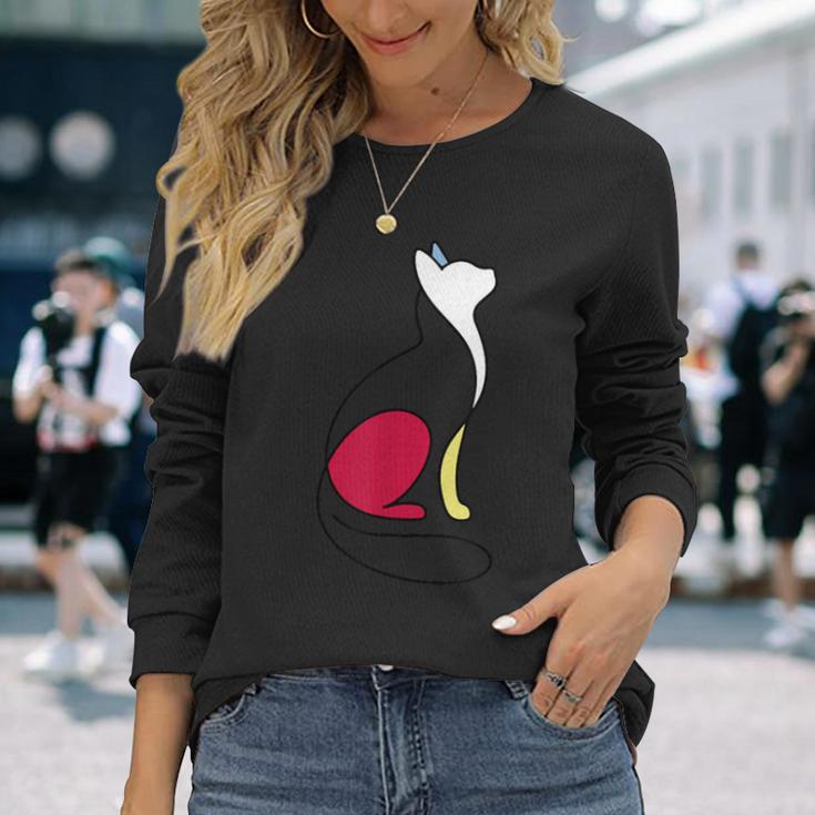 ミニマルラインアート ミロ風の猫 長袖Tシャツ 彼女への贈り物