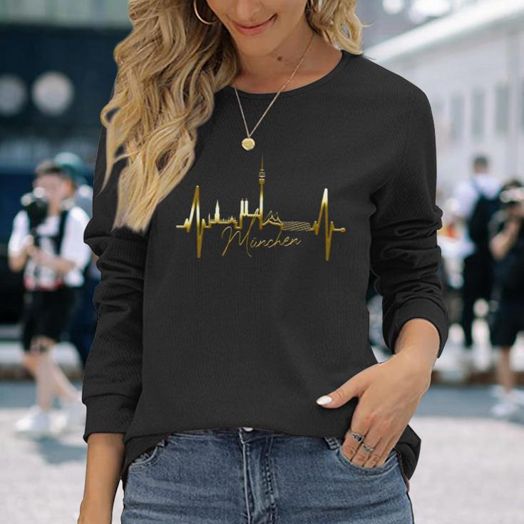 ミュンヘン・スカイライン ハートビート I Love Munich München 長袖Tシャツ 彼女への贈り物