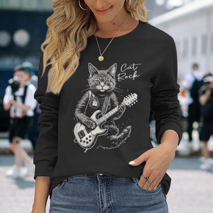 ロック・キャット I ギターを弾く猫 長袖Tシャツ 彼女への贈り物