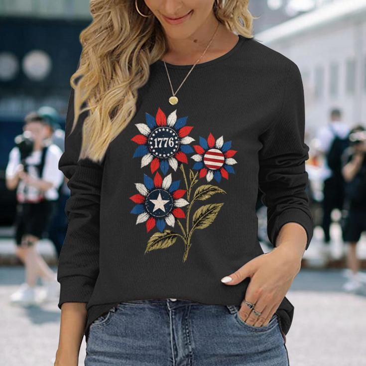 ヴィンテージ 1776 愛国心が強いひまわり アメリカ独立記念日 長袖Tシャツ 彼女への贈り物