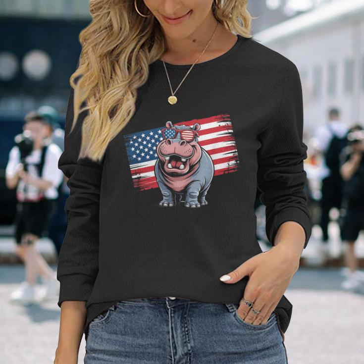 ヴィンテージ カバ アメリカ国旗 サングラス 長袖Tシャツ 彼女への贈り物