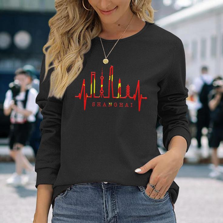 上海スカイライン ハートビート 中国 上海大好きi Lovehanghai China 長袖Tシャツ 彼女への贈り物