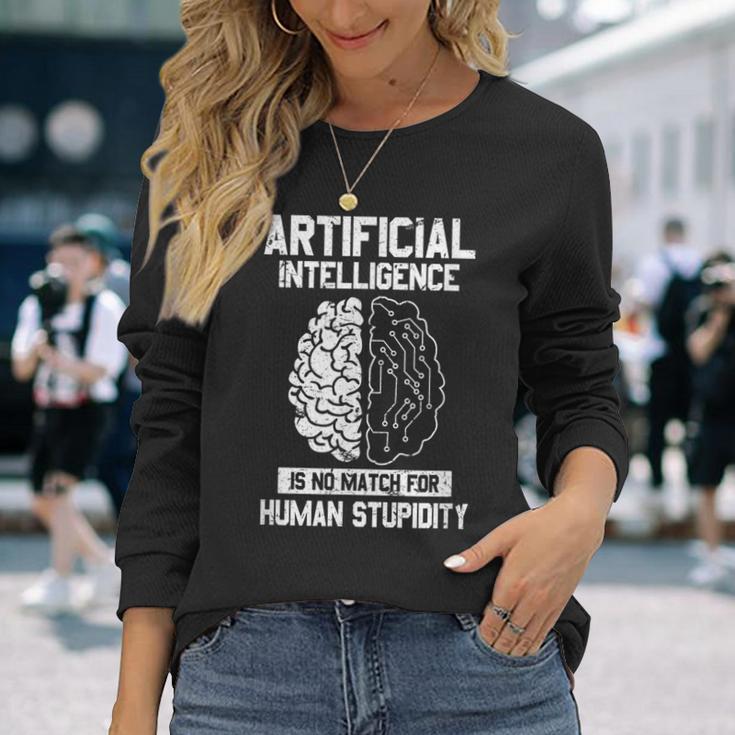 人工知能マッチ 人間の愚かさ Ai Tech ジョーク 長袖Tシャツ 彼女への贈り物