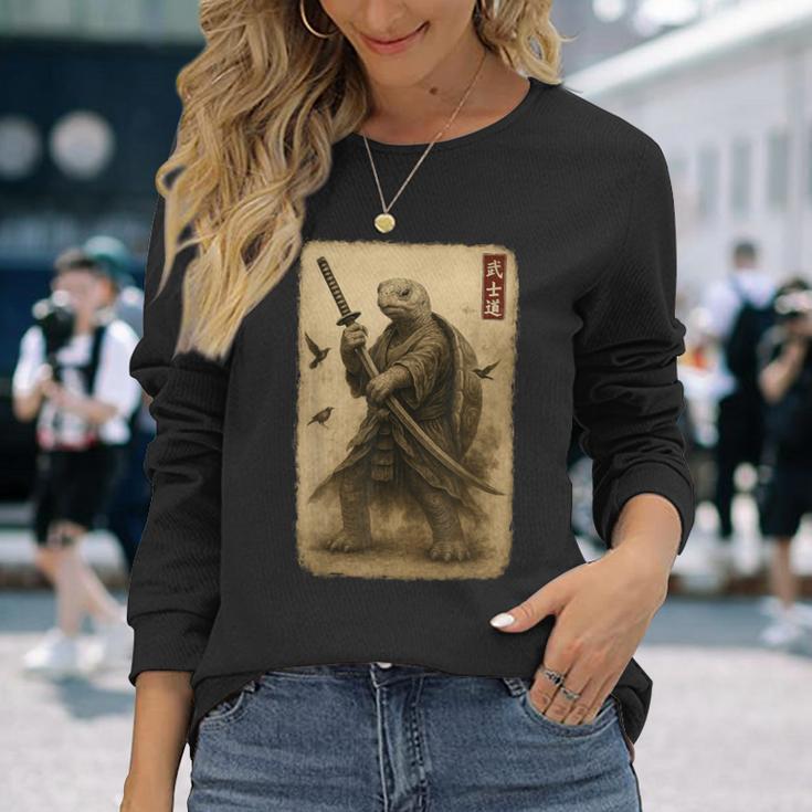 侍亀 日本美術 亀 武士道刀 長袖Tシャツ 彼女への贈り物