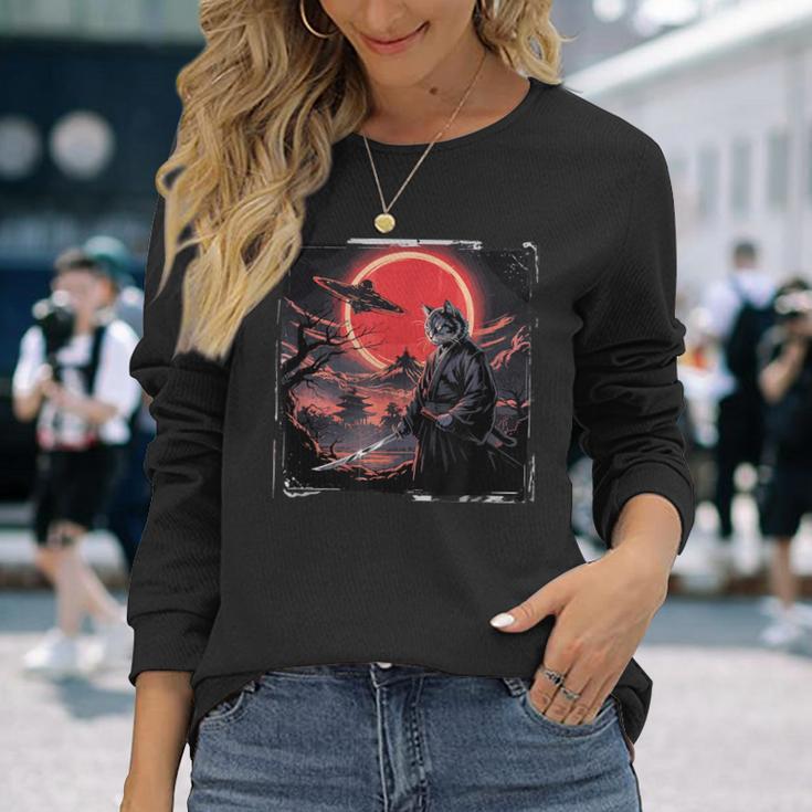 侍忍者 猫戦士 墨絵 Ufo 浮世絵f 日本語 長袖Tシャツ 彼女への贈り物
