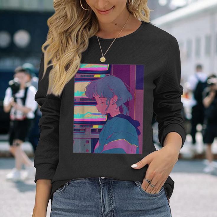 悲しい泣き少女 ヴィンテージアニメイラスト 80年代90年代美的 長袖Tシャツ 彼女への贈り物