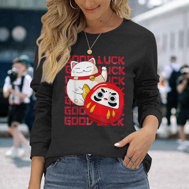 招き猫 招き猫だるま Kawaii Good Luck 長袖Tシャツ 彼女への贈り物