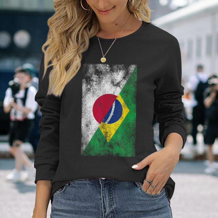 日本とブラジルの国旗 日本ブラジル人 長袖Tシャツ 彼女への贈り物