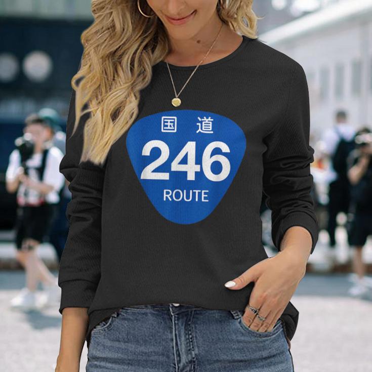 日本の道路標識デザイン国道246号線プリント 長袖Tシャツ 彼女への贈り物