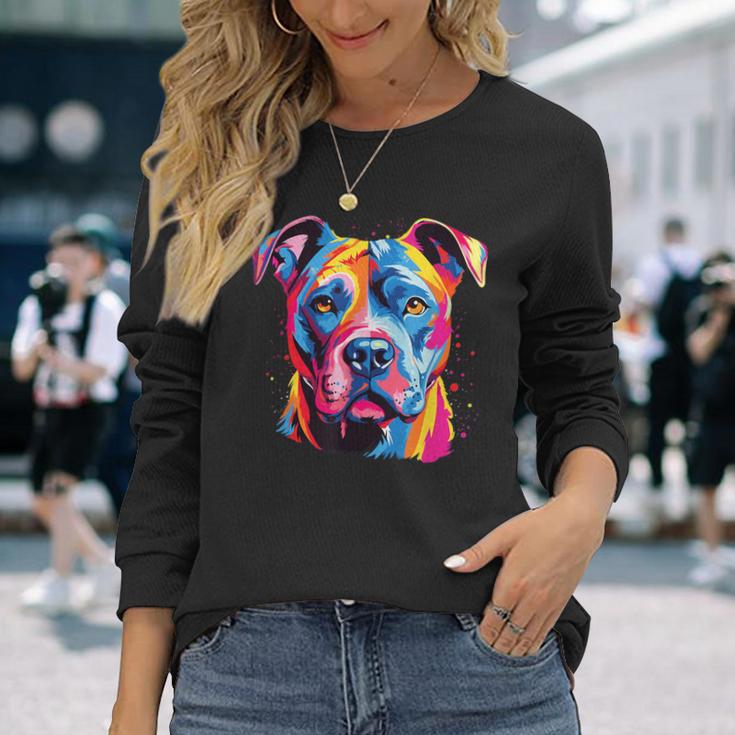 水彩のカラフルなアメリカン ピット ブル テリア犬 長袖Tシャツ 彼女への贈り物