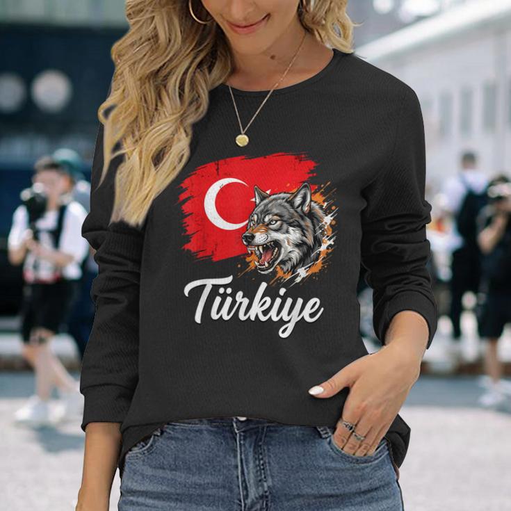 激しいトルコのオオカミと国旗 長袖Tシャツ 彼女への贈り物