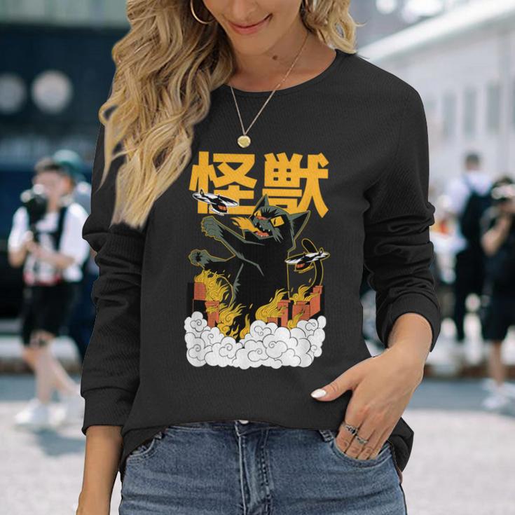 猫 怪獣 面白いtシャツ ネコ にゃんこ 文字入り メンズ おもしろ 面白い 服 おもしろグッズ かわいいイラスト ネタ 長袖Tシャツ 彼女への贈り物
