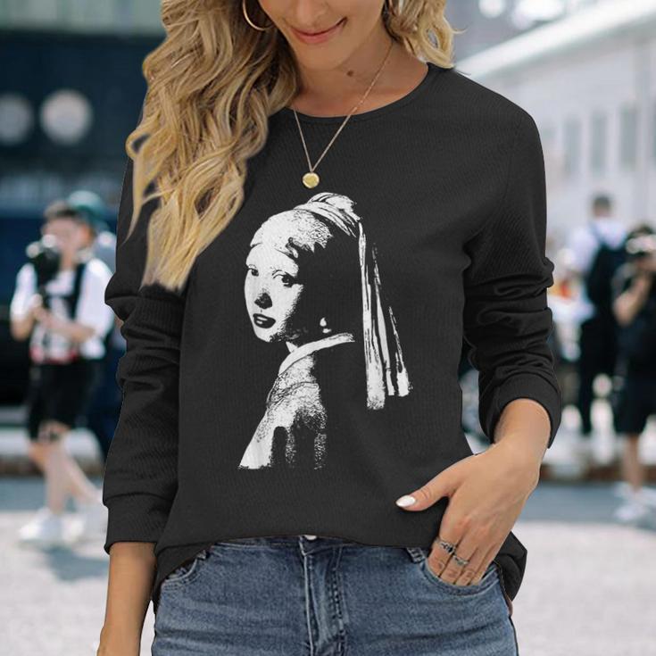 真珠のイヤリング ターバン ヨハネス・フェルメール モノクロの少女 長袖Tシャツ 彼女への贈り物
