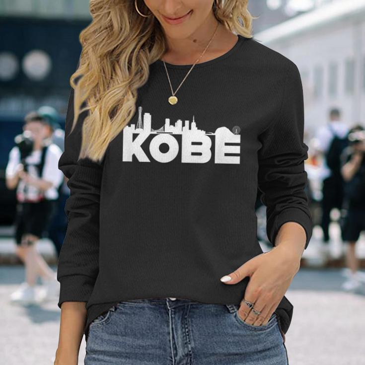 神戸ジャパン 都市スカイライン シルエット アウトライン スケッチ 長袖Tシャツ 彼女への贈り物