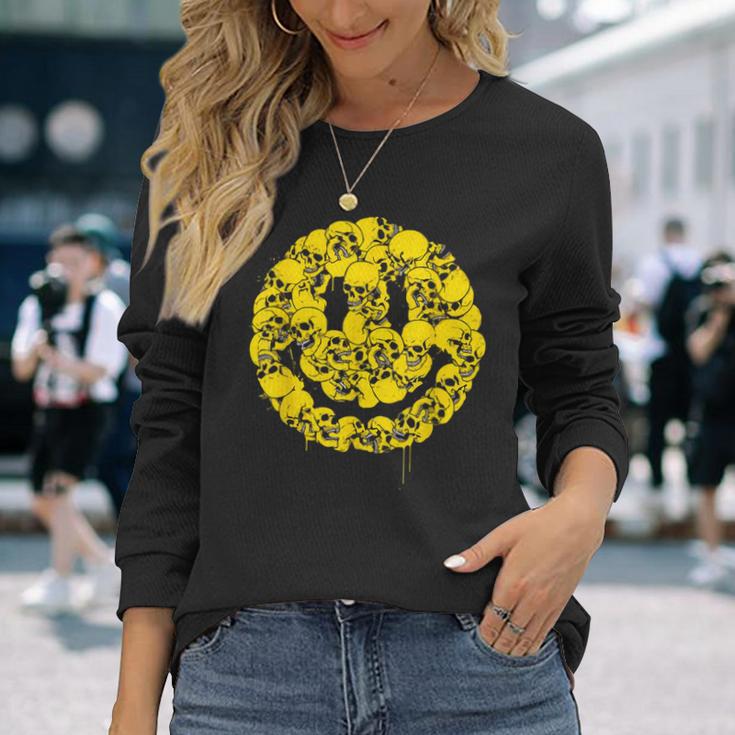 笑顔 顔 絵文字 パンクロック スカル ゴシック ボーンズ 長袖Tシャツ 彼女への贈り物