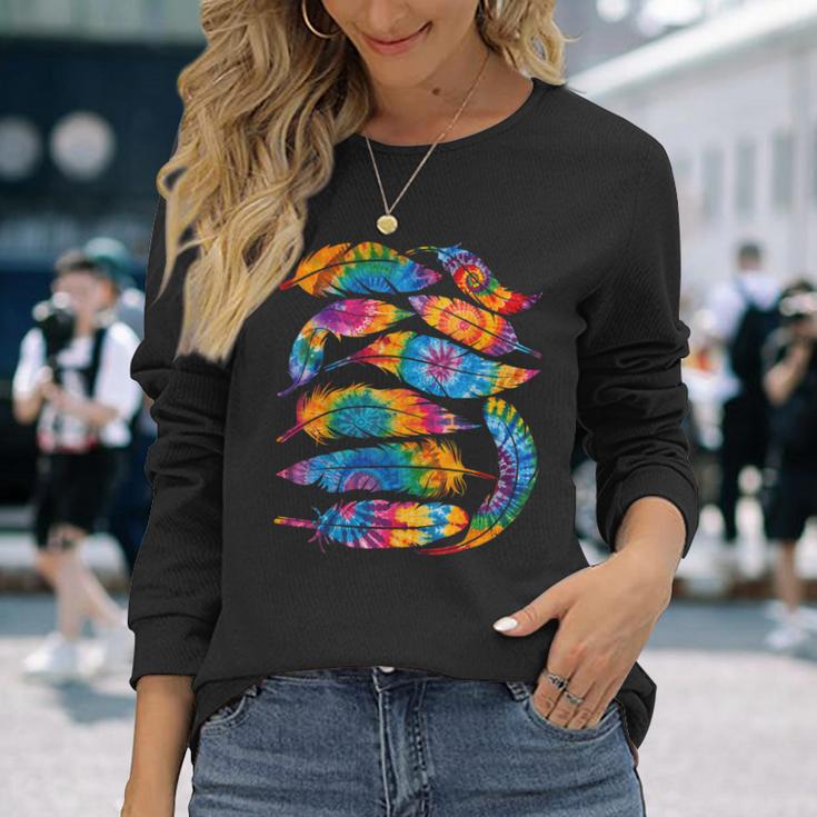 絞り染め カラーフェザー アメリカ インディアン プライド ネイティブアメリカン 長袖Tシャツ 彼女への贈り物