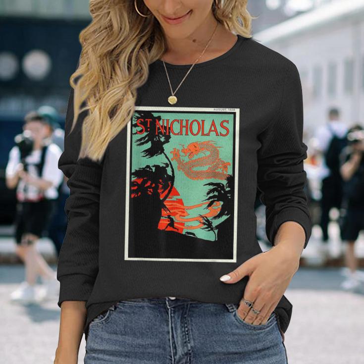 聖ニコルズ ドラゴン サンセット ヤシの木 グラフィック リトグラフ 長袖Tシャツ 彼女への贈り物