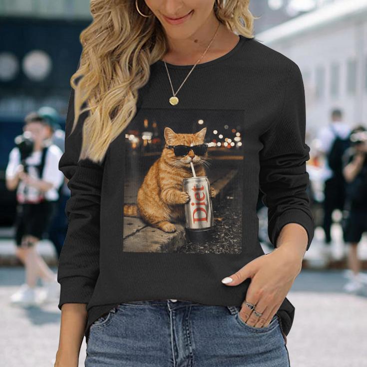 面白いナイトライフ オレンジ 猫 飲酒 ダイエット ドリンク サングラス 長袖Tシャツ 彼女への贈り物