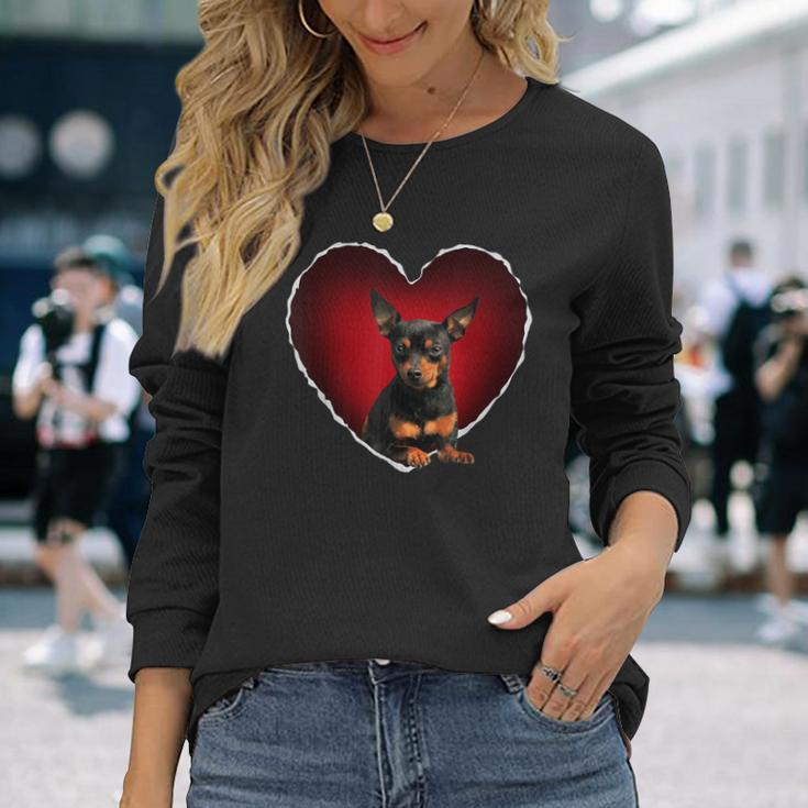 面白いミニチュアピンシャーハート ミニピン 恋人へのギフト 長袖Tシャツ 彼女への贈り物