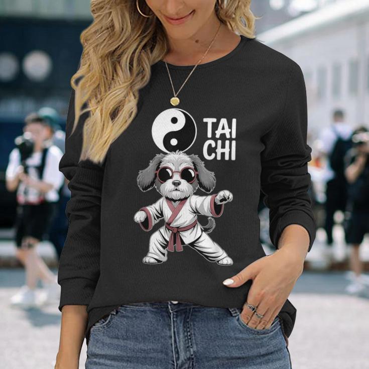 面白い太極拳犬格闘技陰陽クールな子犬のポーズ 長袖Tシャツ 彼女への贈り物