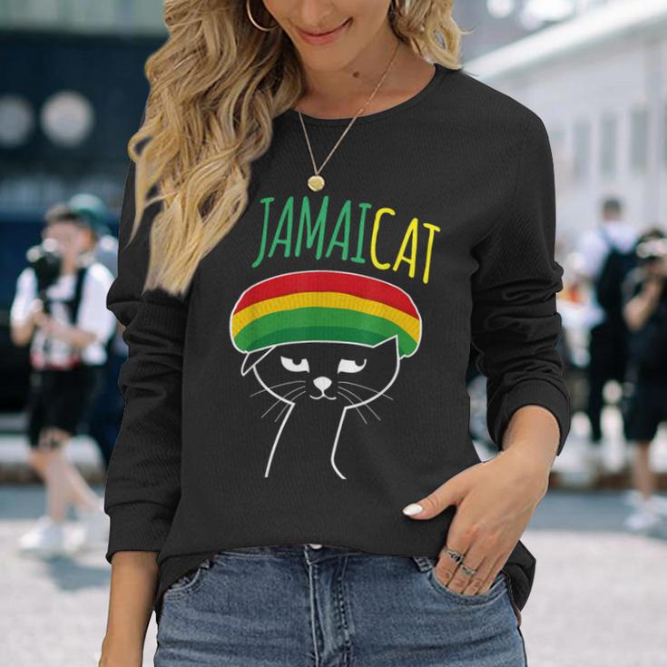 面白い猫 ユーモア ラスタ Jamaicat ジャマイカ 旗 かっこいい 男 猫 長袖Tシャツ 彼女への贈り物