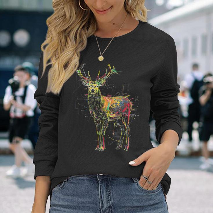 鹿 アートワーク 幾何学的 抽象 動物 グラフィック アート 鹿 長袖Tシャツ 彼女への贈り物