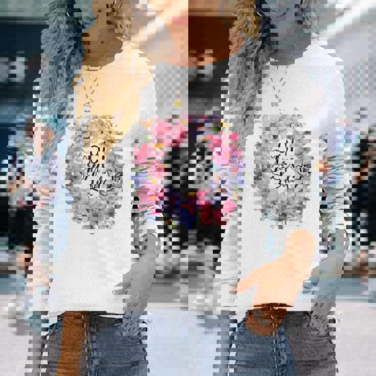 91 Years Loved 91歳の誕生日 フローラルリース ナインティワン 長袖Tシャツ 彼女への贈り物