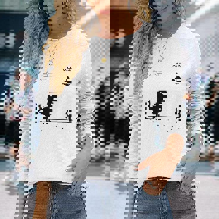 Dino T-Rex 恐竜 ピクセルゲーム インターネットなし オフライン 面白い 男性 長袖Tシャツ 彼女への贈り物