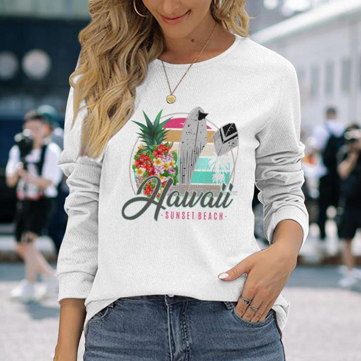 Sunset Beach Hawaii、サーフィンサーフボードレトロ、バックプリント 長袖tシャツ 長袖Tシャツ 彼女への贈り物