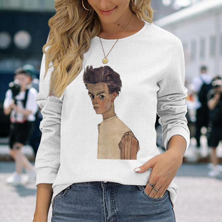 エゴン・シーレ作1910ストライプシャツの自画像 長袖Tシャツ 彼女への贈り物