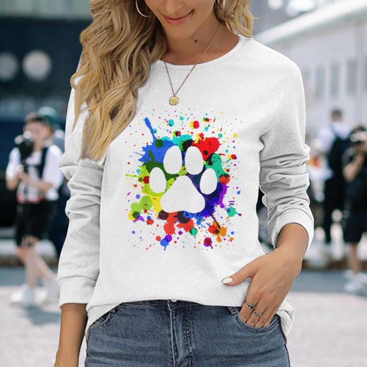 カラフルペイント スプラッター 肉球プリント 猫 犬 長袖Tシャツ 彼女への贈り物