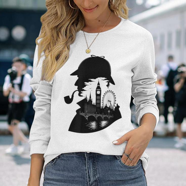 シャーロックホームズ&ロンドンのスカイラインシルエットギフト 長袖Tシャツ 彼女への贈り物