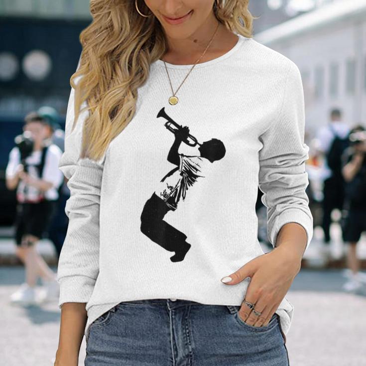 ジャズ&ブルースミュージシャン アーティスト トランペット ミュージックシルエット 長袖Tシャツ 彼女への贈り物
