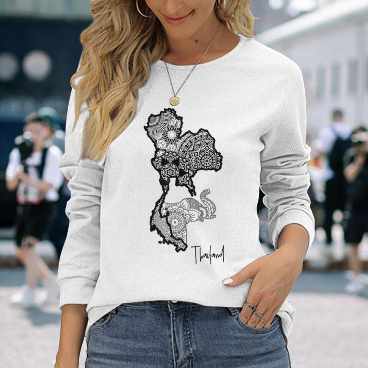 タイのマンダラ、タイの地図、象のマンダラ タイ 長袖Tシャツ 彼女への贈り物