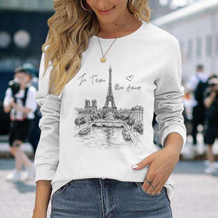 パリ エッフェル塔 スケッチ 街並み アート お土産 長袖Tシャツ 彼女への贈り物