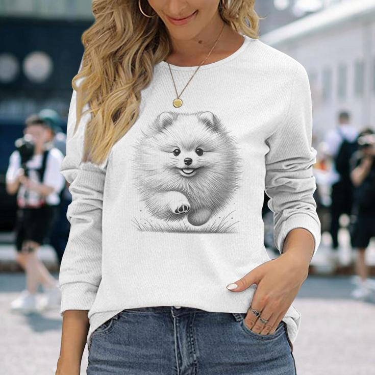 ポメラニアンポンポン犬のランニングデザインのアイデア 長袖Tシャツ 彼女への贈り物