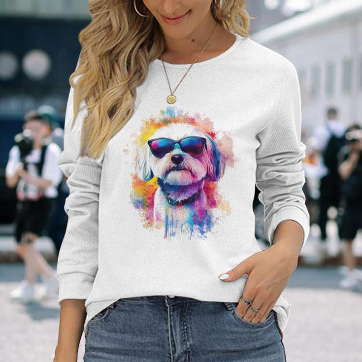 マルチーズ 犬 グラフィック ペット アートワーク サングラス マルチーズ 長袖Tシャツ 彼女への贈り物