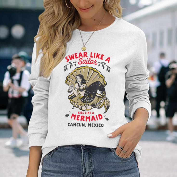 レトロカンクン メキシコ おもしろパーティー ピンナップ マーメイド カレッジブレイク 長袖Tシャツ 彼女への贈り物