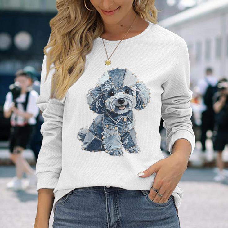 レトロデニムパッチプードル ドッグアート 芸術的 長袖Tシャツ 彼女への贈り物