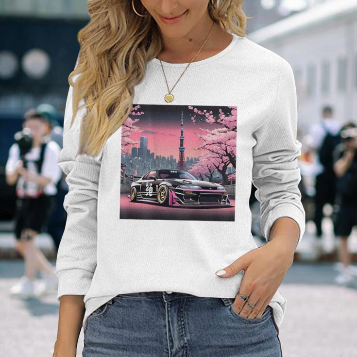 ヴィンテージ Jdm 日本伝説 ドリフト レースカー 東京 背面 長袖Tシャツ 彼女への贈り物